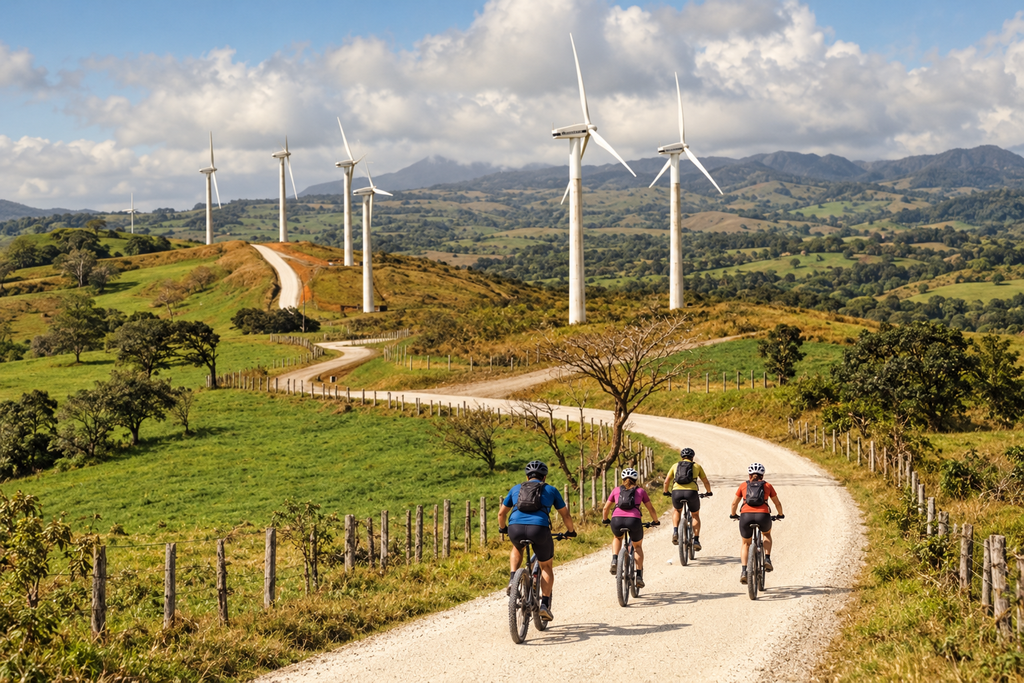 Cyclists riding through Costa Rica’s volcanic highlands and wind farm