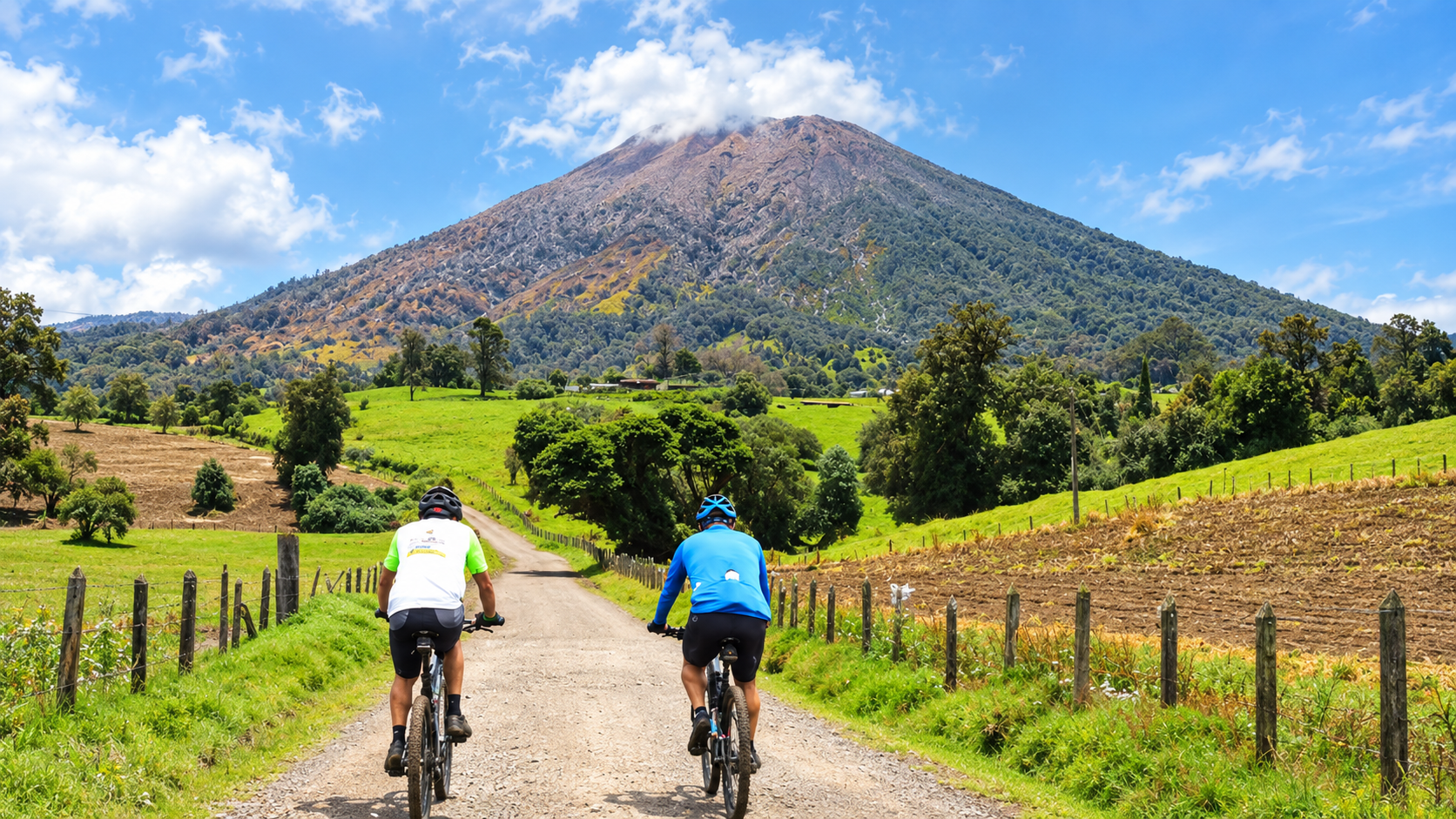 Cyclists riding through the volcanic highlands on a Costa Rica coast-to-coast bicycle tour