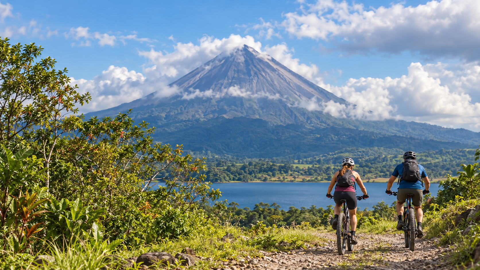 Mountain bikers riding near Arenal Volcano during a Costa Rica volcano cycling tour