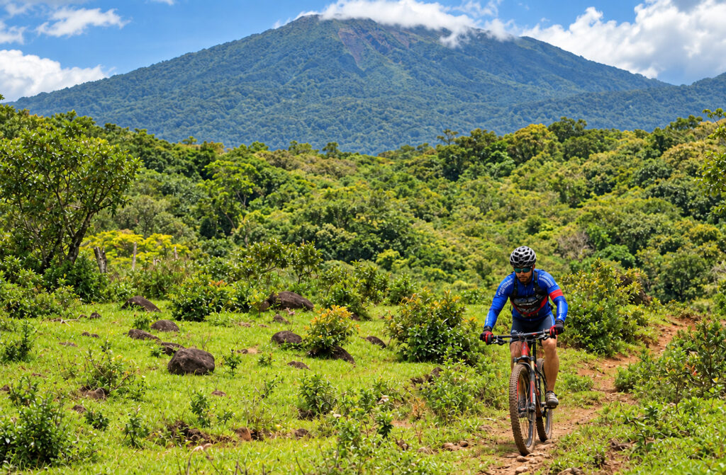 Mountain biker riding below Rincón de la Vieja Volcano in Costa Rica