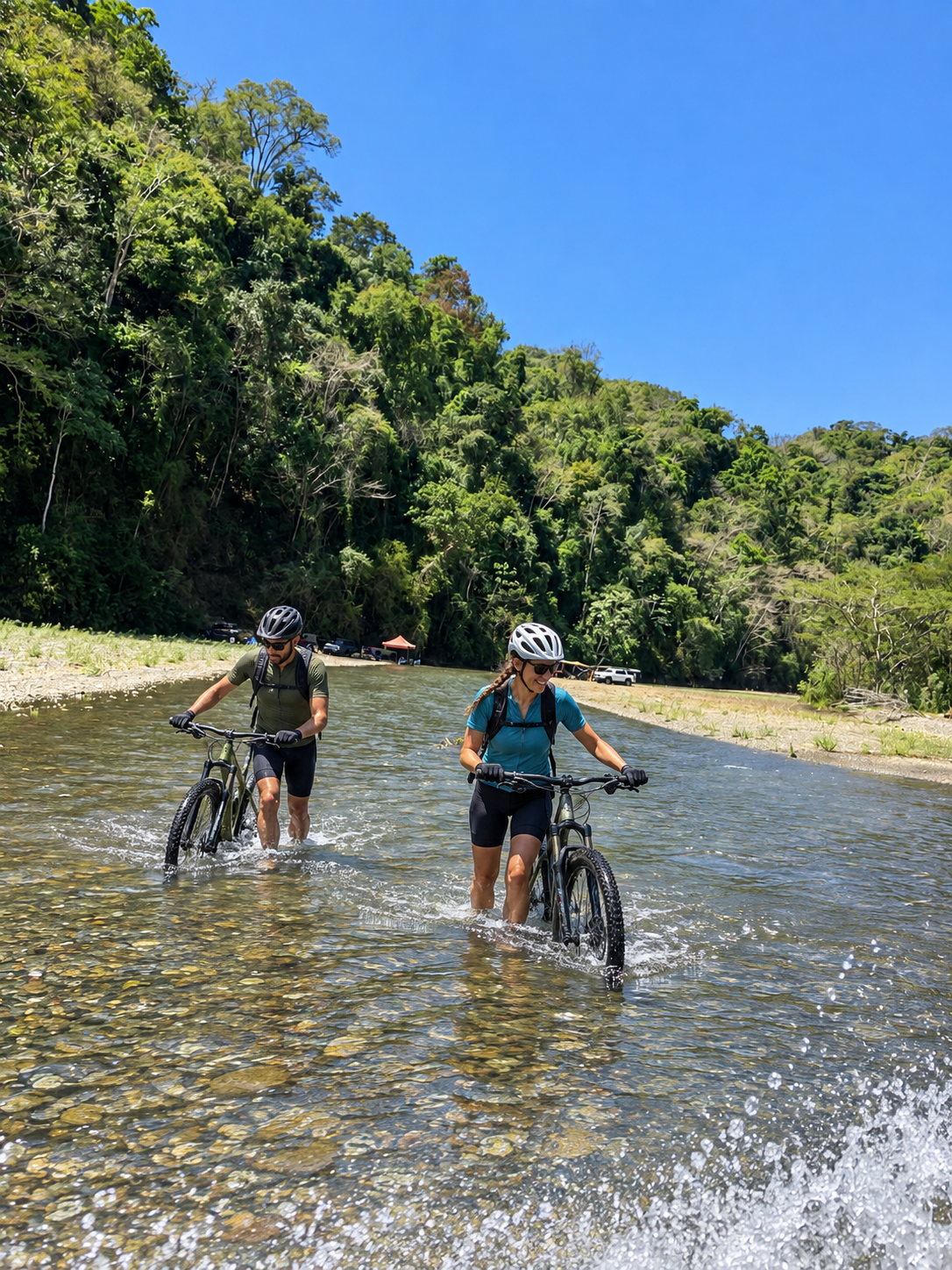 Mountain bikers crossing the Río Tulín during a Costa Rica cycling adventure